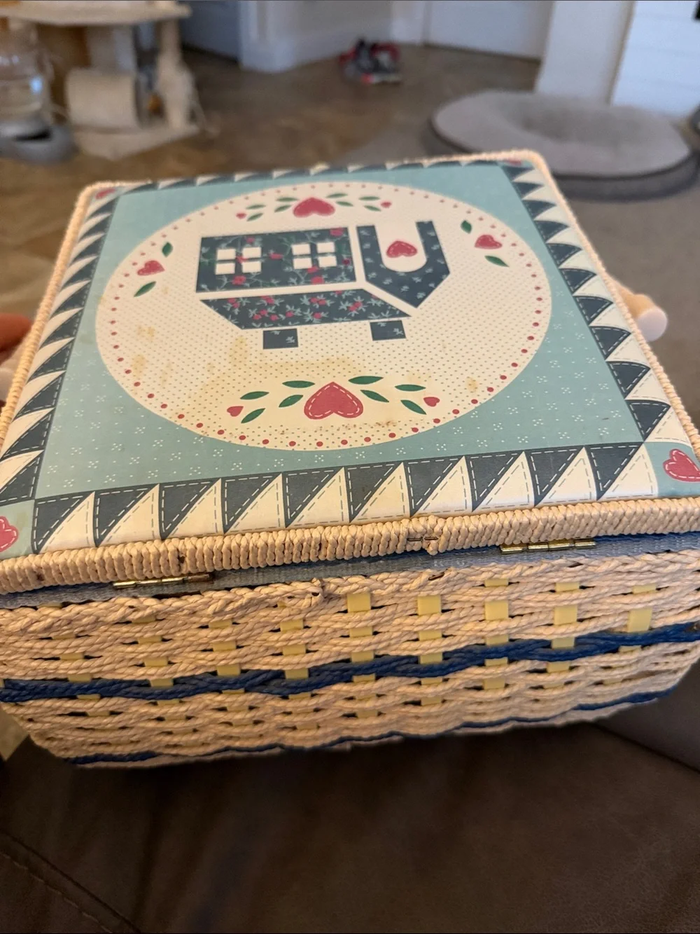 Decorative Country Cottage Sewing Basket - Blue and Cream